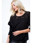 Bluse mit Spitze aus Pannesvelours, schwarz MP28514 – Online-Shop – Boutique